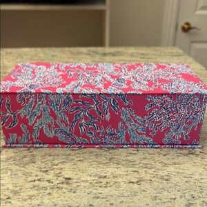 Lilly Pulitzer Pink and Blue Patterned Box and votive candles